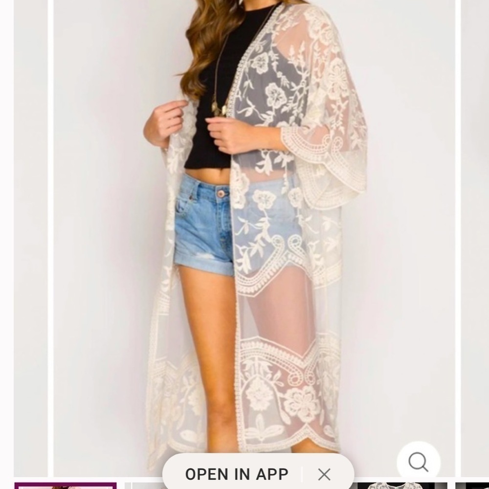 Dizzy Gal Woman's Plus-Size Ivory Floral Lace Open-Front Kimono Sz 1x